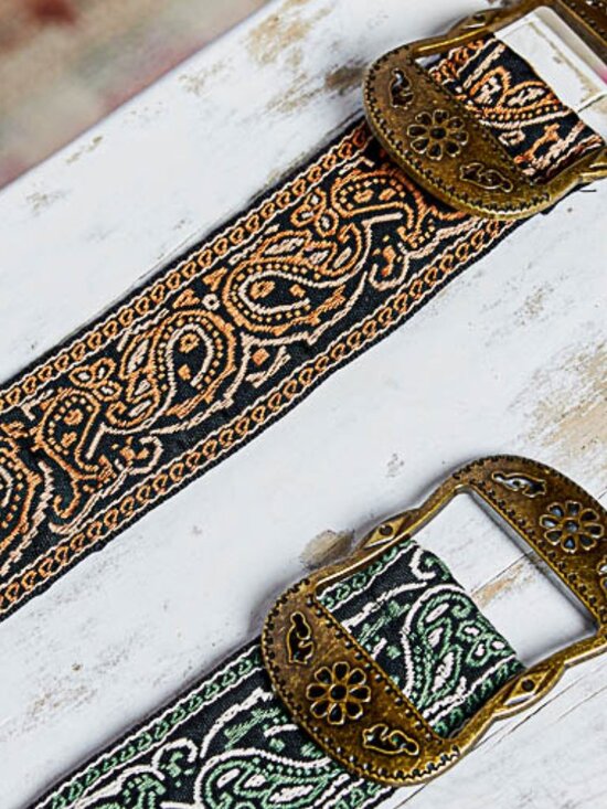 POL Boho Earth Tones Western Inspired Embroidered Brass Metal Buckle Fabric Belt